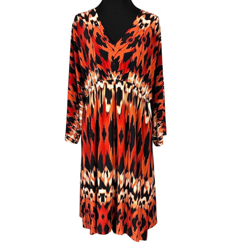 Soma V Neck Long Sleeve‎ Flowy Printed Midi Dress Women's Large Orange Black